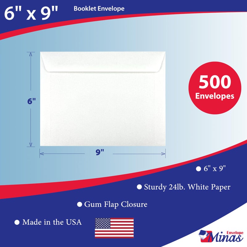 Minas Envelope 500 Minas Envelope 6" x 9" Booklet Envelopes (Open Side), Sturdy 24lb. White, Gum Flap, 500/Box - Image 2